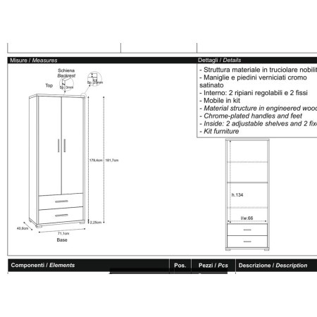 Armadio 2 Ante con Cassetti Ossido Ripiani Ufficio Documenti Mobile Camera Letto