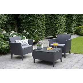 Salottino Keter Mobile da Giardino Effetto Rattan Tavolino Grafite con Cuscini 2