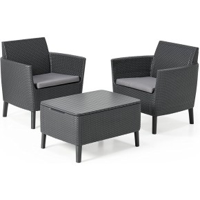 Salottino Keter Mobile da Giardino Effetto Rattan Tavolino Grafite con Cuscini