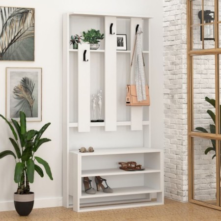 Mobiletto da Ingresso con Mensole in Legno Bianco Appendiabiti Moderno Scarpiera