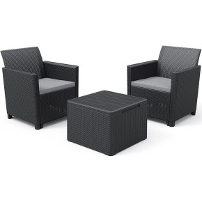 Salottino 2 Poltrone Tavolino Contenitore Pouf Grafite Effetto Legno con Cuscini
