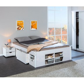 Letto Matrimoniale bianco a doghe materasso compatibile 160x200 cm non incluso, con comodino e cassetti 2