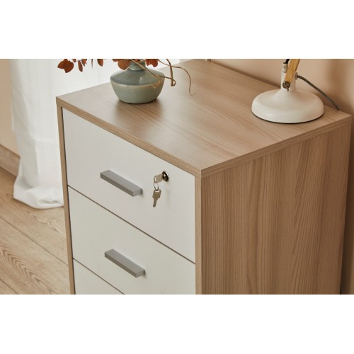 Cassettiera in Legno Olmo Bianca 3 Cassetti con Chiave Ruote Scrivania Ufficio