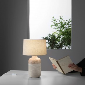 Luce da Tavolo Lampada in Ceramica e Legno con Paralume in Tessuto Bianco 2