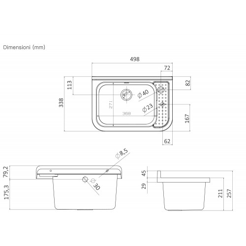 Lavabo per Esterno Nero 50x34 cm Lavello a Muro Pilozzo per Lavanderia