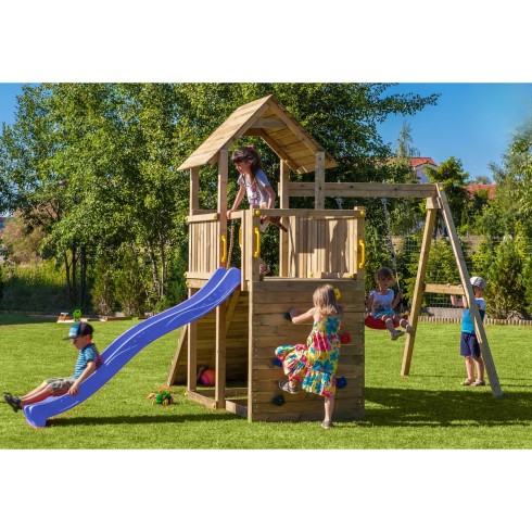 Parco Giochi in Legno con Altalena Scivolo Rampa con Corda Sabbiera 310x460x282 cm