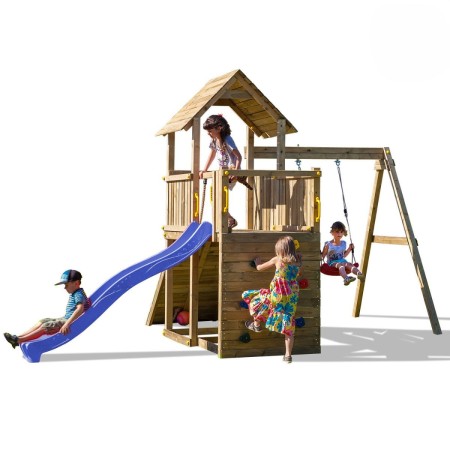 Parco Giochi in Legno con Altalena Scivolo Rampa con Corda Sabbiera 310x460x282 cm