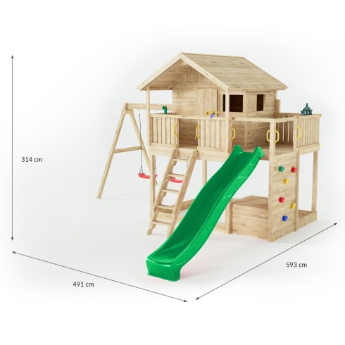 Parco Giochi Casetta in Legno con 2 Altalene e Scivolo 491x593x314cm