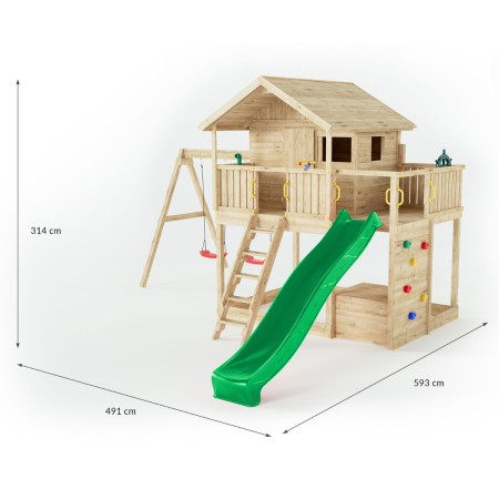 Parco Giochi Casetta in Legno con 2 Altalene e Scivolo 491x593x314cm