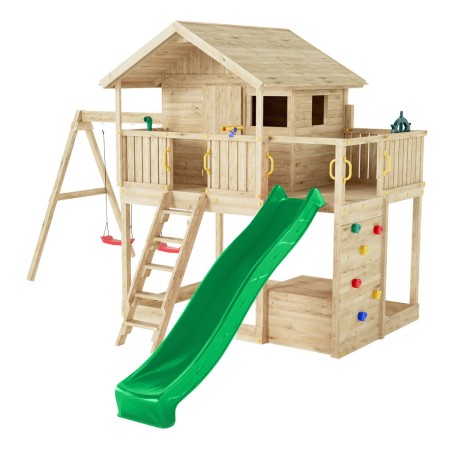 Parco Giochi Casetta in Legno con 2 Altalene e Scivolo 491x593x314cm