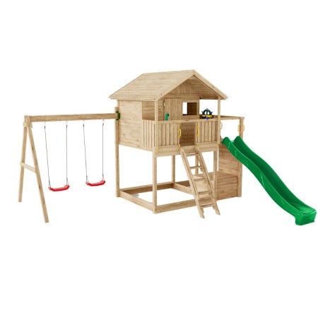 Parco Giochi Casetta in Legno con 2 Altalene e Scivolo 491x593x314cm