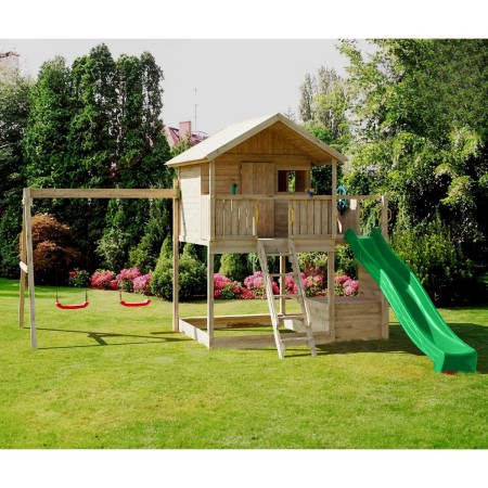 Parco Giochi Casetta in Legno con 2 Altalene e Scivolo 491x593x314cm