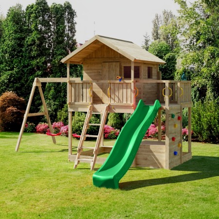 Parco Giochi Casetta in Legno con 2 Altalene e Scivolo 491x593x314cm