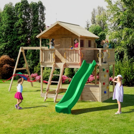 Parco Giochi Casetta in Legno con 2 Altalene e Scivolo 491x593x314cm
