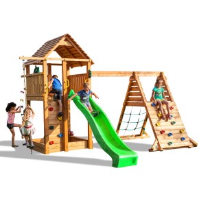 Parco Giochi in Legno con 2 Altalene Scivolo e Sabbiera 310x275x245cm