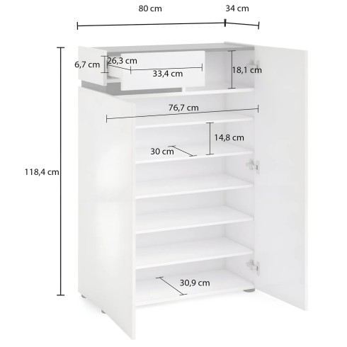 Scarpiera Bianca 80x34x115 cm 2 Ante e Cassetto Soft Close