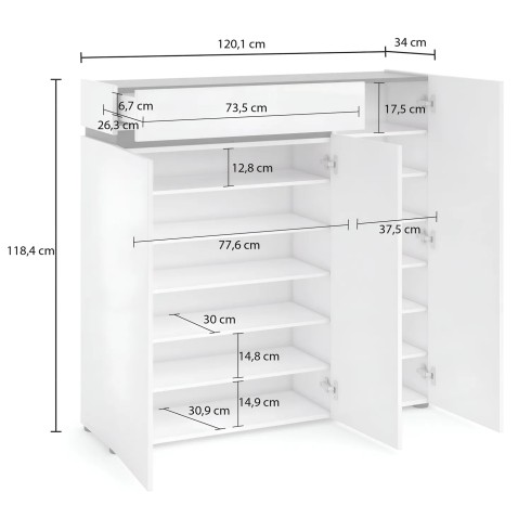 Scarpiera 3 Ante 120x34x115 cm Bianca con Cassetto Soft Close