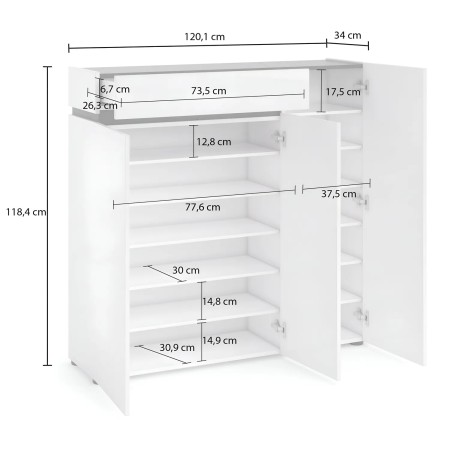 Scarpiera 3 Ante 120x34x115 cm Bianca con Cassetto Soft Close