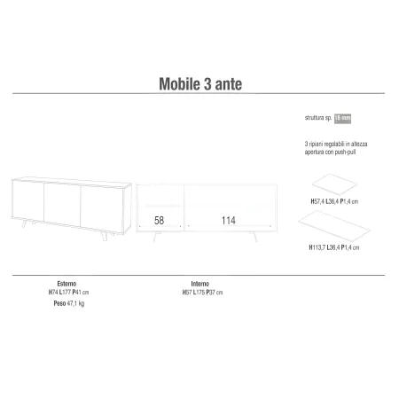 Mobile Soggiorno 3 Ante 177x41x74 cm Push-Pull Bianco e Rovere