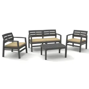 Salottino 4 Pezzi Antracite Resina Effetto Legno con Cuscini Crema