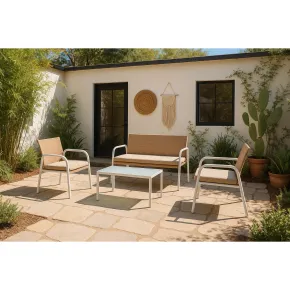 Salotto da Giardino Completo in Polyrattan Miele Bianco e Acciaio 2