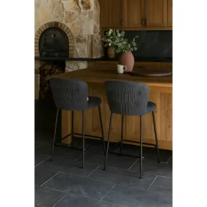 Set 2 Sgabelli da Interno Imbottiti in Tessuto Teddy Grigio Gambe Nere 2