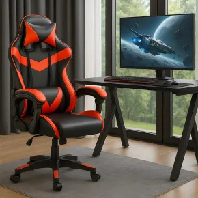 Sedia da Gaming in PVC con Imbottitura Nero e Rosso Reclinabile Girevole 2