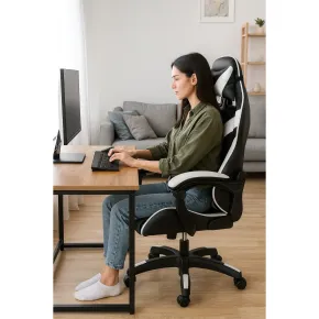 Sedia da Gaming in PVC con Imbottitura Nero e Bianco Reclinabile Girevole 2