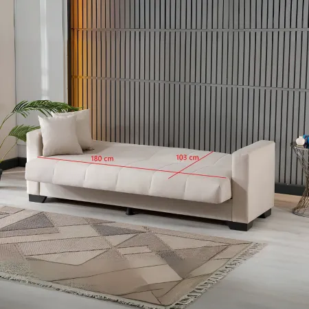 Divano Letto 3 Posti in Tessuto Crema con Contenitore 213x81x83 cm