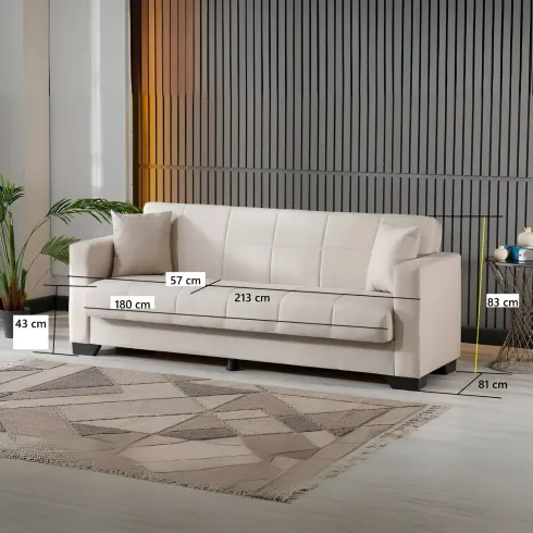 Divano Letto 3 Posti in Tessuto Grigio con Contenitore 213x81x83 cm
