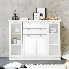 Credenza 4 Ante 2 cassetti Vetrina e Ripiani da Soggiorno Classico Bianco 2