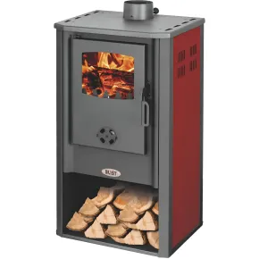 Stufa a Legna 7,2 kW Ghisa Acciaio Rosso con Vano Portalegna