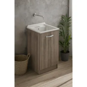 Mobile Lavatoio con Anta in Legno Argilla per Lavanderia Vasca Resina 2