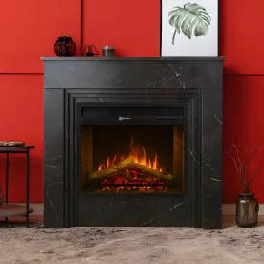 Camino Elettrico da Pavimento 1800W in Legno Effetto Marmo Nero 2