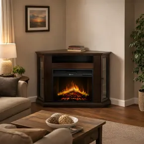 Camino Elettrico con Mobile Angolare 1800W da Appoggio in Legno Noce 2