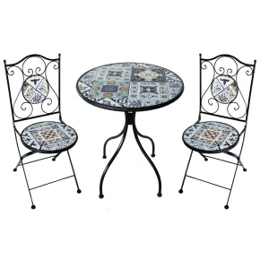 Set Tavolo Ø 60 cm con 2 Sedie Pieghevoli da Giardino Mosaico Blu