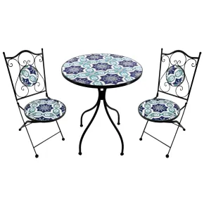 Set Tavolo Ø 60 cm con 2 Sedie Pieghevoli da Giardino Blu Celeste