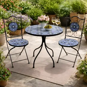 Set Tavolo Ø 60 cm 2 Sedie Pieghevoli Ceramica da Esterno Azzurro Blu 2