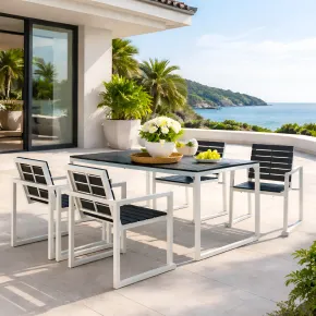 Set Tavolo 150x90 4 Sedie da Giardino Alluminio Legno Sintetico Nero 2