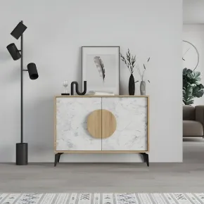 Madia Soggiorno Moderna 110 cm Rovere Bianco Effetto Marmo Piedini 2