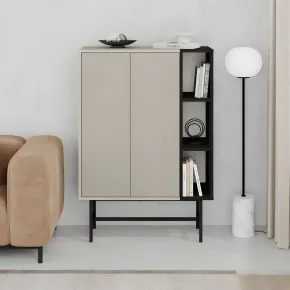 Mobile Soggiorno Moderno Alto con 2 Ante Beige Nero 3 Vani a Giorno 2