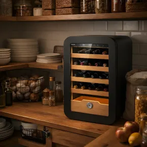 Cantinetta Vino 36 Bottiglie 5 Ripiani in Legno Classe G Nero Luci LED 2