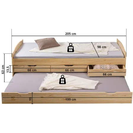 Divano Letto 2 Letti Singoli a doghe 90x200 con Cassetti Contenitore Estraibile