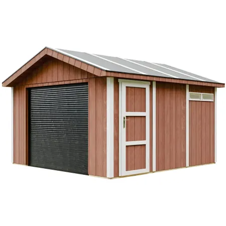 Garage in Legno 368x354 cm Rosso a Pannelli Box con Porta Elettrica
