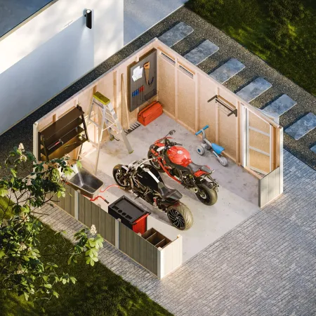 Garage in Legno 368x354 cm Grigio a Pannelli Box con Porta Elettrica