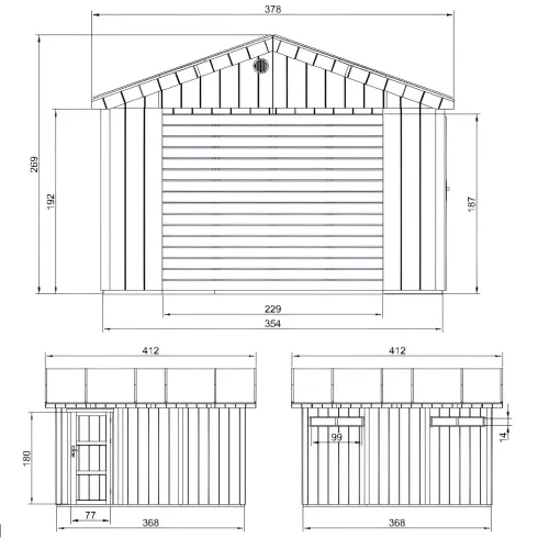 Garage in Legno 368x354 cm Grigio a Pannelli Box con Porta Elettrica