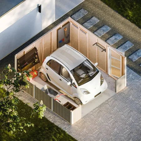 Garage in Legno 368x354 cm Grigio Scuro Pannelli Box Porta Elettrica
