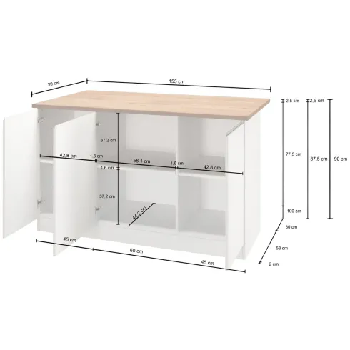 Isola Cucina 3 Ante Antracite Rovere 155x90x90 cm Legno Nobilitato
