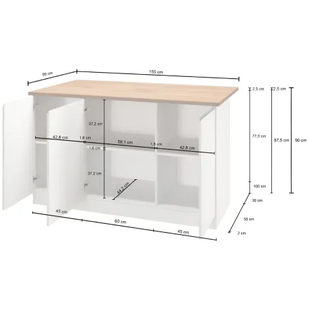 Isola Cucina 3 Ante Bianco Rovere 155x90x90 cm Legno Nobilitato