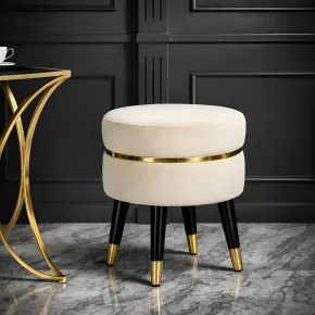 Sgabello Basso in Velluto Crema Finiture Oro Pouf Salotto Camera 2